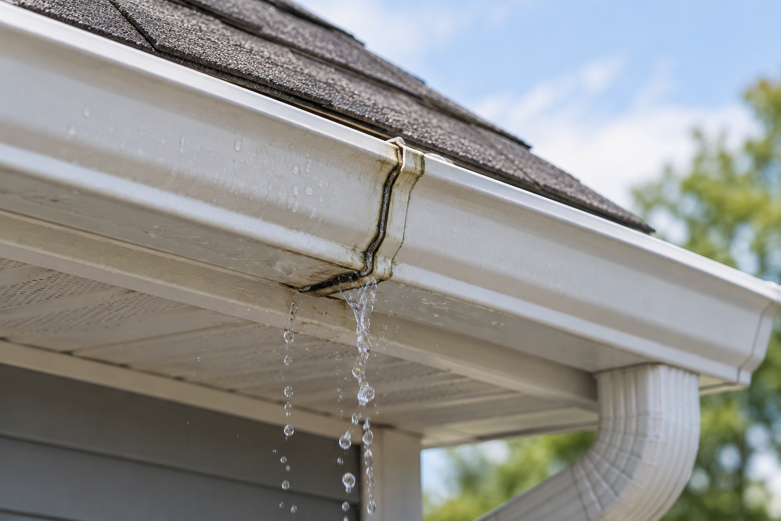 White gutter leaking at a damaged seam, with rainwater dripping beneath the roofline