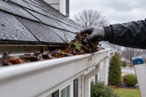 Worker cleaning a clogged white house gutter filled with wet leaves and debris on a rainy, overcast day